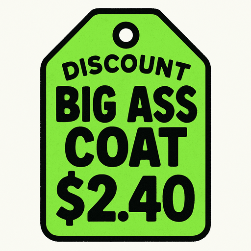 Green Discount price tag that says Big ass coat $2.40.
In-Game asset.  2d.  High contrast.  No shadows