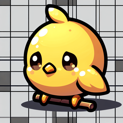 a little yellow bird, sad, sitting..
Single Game Texture. In-Game asset. 2d. Blank background. High contrast. No shadows.