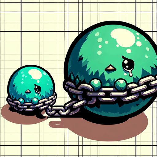 A sad little green bird sitting in ball chain..
Single Game Texture. In-Game asset. 2d. Blank background. High contrast. No shadows.