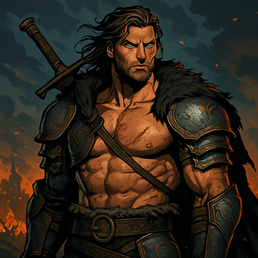 A towering, hypermasculine medieval warrior standing heroically on a battlefield at dusk, clad in weathered steel armor with golden engravings, his broad chest exposed under a torn fur-lined cloak, muscles defined and glistening with sweat and blood. Long, slightly wavy dark brown hair flows in the wind, a rugged chiseled jawline with a trimmed beard, piercing ice-blue eyes filled with intensity. Scars on his shoulder and a massive greatsword resting on his back. Background features a stormy sky and burning ruins, a dramatic lighting highlighting the power in his posture. Cinematic, realistic, highly detailed, epic composition, moody atmosphere --realistic style, medieval fantasy, 4K, ultra-detailed, volumetric lighting. realistic.
In-Game asset.  2d.  High contrast.  No shadows