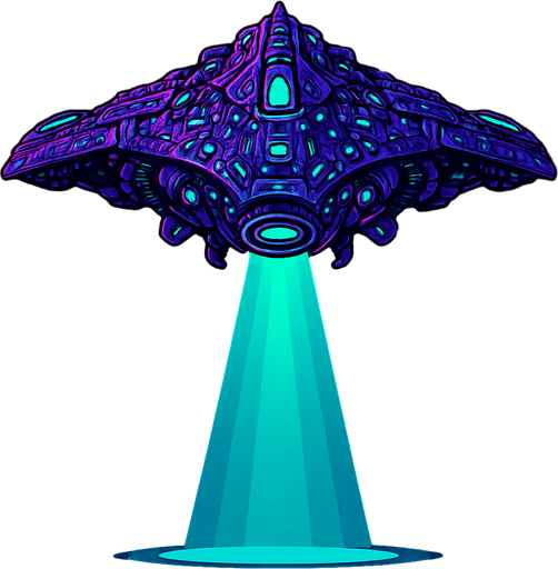 Big detailed alien star cruiser with lights and tractor beam beaming down.
In-Game asset.  2d.  High contrast.  No shadows