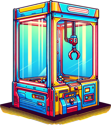 A claw grabber arcade machine with transparent screen.
Single Game Texture. In-Game asset. 2d. Blank background. High contrast. No shadows.