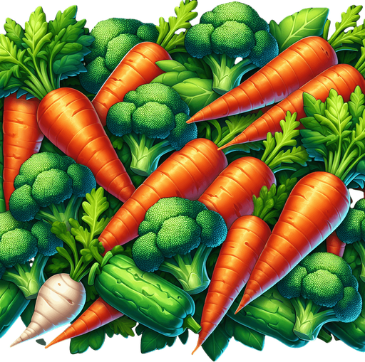 carrots and brocolli.
Single Game Texture. In-Game asset. 2d. Blank background. High contrast. No shadows.
