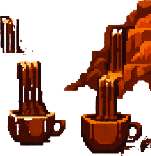 paisage con cascadas de cafe de pixeles.
In-Game asset.  2d.  High contrast.  No shadows