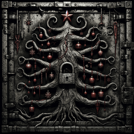 eerie christmas inspired tree lock with a resident evil style.
Single Game Texture. In-Game asset. 2d. Blank background. High contrast. No shadows.