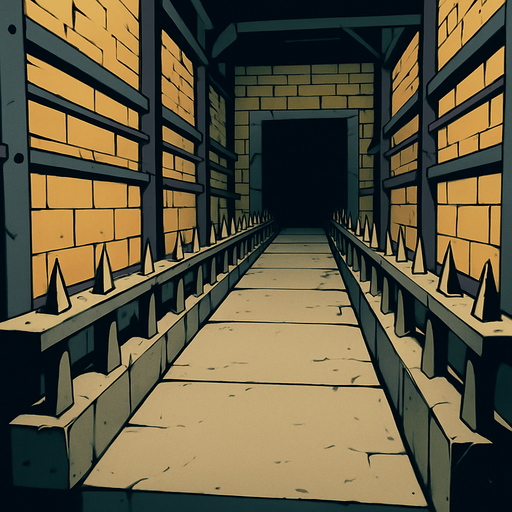 3D building from inside have tall road similar to saw movie rooms, floor going front of the screen, horror taller area have 2 walls on the sides with sharp metals protecting the way and horizontal bars on all of the 2 walls on the sides.
In-Game asset.  High contrast.  No shadows. 3D