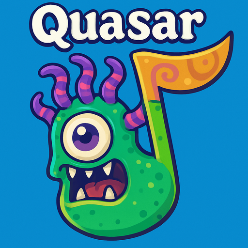 MÜZİK NOTASI ŞEKLİNDE BİR UZAYLI CANAVAR ÇİZ AMA BU KARAKTER VE İSMİ Quasar ONA GÖRE TASARLA. AYAKSIZ. dONT WRİTE TEXT İN TO İMAGE. NO BLACK..
In-Game asset.  2d.  High contrast.  No shadows