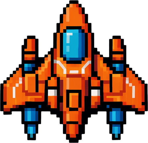 pixel art bir uzay gemisi.
In-Game asset.  2d.  High contrast.  No shadows