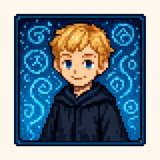 "2D pixel art of a young male wizard child with short, wavy blonde hair and bright blue eyes, wearing a long, flowing black robe. He is facing forward, smiling, looking directly at the viewer with a calm, focused expression. The character is framed inside a square border, like a portrait or selection window in a fantasy RPG. The background inside the square is filled with glowing blue magical symbols, glyphs, and swirling arcane energy to create a mystical atmosphere. The pixel art style is classic 16-bit fantasy RPG, with detailed shading and rich colors. The area outside the square frame is transparent.".
In-Game asset.  2d.  High contrast.  No shadows