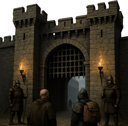 A massive medieval stone gate with iron portcullis, guards watching travelers, torches burning in brackets, heavy clouds above, realistic.
In-Game asset.  2d.  High contrast.  No shadows