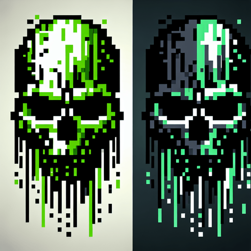 A pixelated skull with green digital "code streams" dripping down, symbolizing a destructive digital attack.
Neon green and dark gray..
Single Game Texture. In-Game asset. 2d. Blank background. High contrast. No shadows.