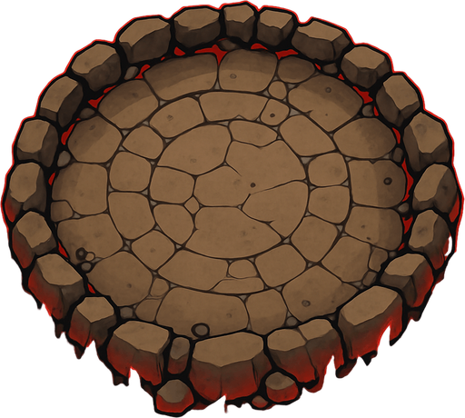 bird's eye view of a round rocky arena surrounded by flames decorated with red lava.
In-Game asset.  2d.  High contrast.  No shadows