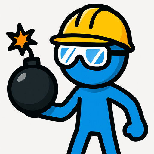 Blue stickman with safety goggles, yellow safety helmet and a bomb.
In-Game asset.  2d.  High contrast.  No shadows