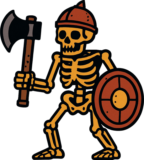 un esqueleto grande, con un hacha, un caso y escudo.
In-Game asset.  2d.  High contrast.  No shadows