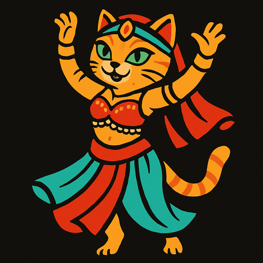 dansöz kıyafetli ayakta duran elleri havada dans eden bir kedi.
In-Game asset.  2d.  High contrast.  No shadows