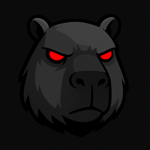 Quitale el casco y la resortera. Utiliza una paleta de colores grises. Has una expresion seria. Ojos rojos sin pupila. Utiliza los rasgos y formas de un capibara.