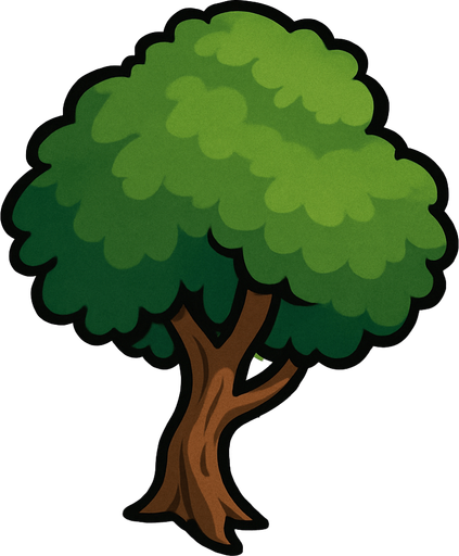A 2D top-down tree (a little bit short and weird) viewed from a slight rear top angle, positioned beside a road, showing the top and a bit of the back side. The tree is slightly angled to match the camera perspective, with visible foliage and trunk shape. Daylight, clean background, suitable for roadside environment in a driving game..
In-Game.
In-Game asset.  2d.  High contrast.  No shadows