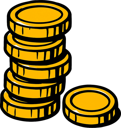 5 tane üst üste durmuş, kule gibi ama yamuk olan ve bir tanede yere düşmüş madeni para.
In-Game asset.  2d.  High contrast.  No shadows