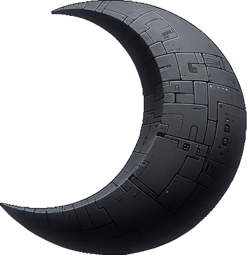 dark gray war fligt scifi crescent ufo.
Single Game Texture.  In-Game asset.  2d.  Blank background.  High contrast.  No shadows