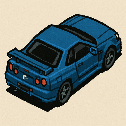 nissan gtr r34, seen from rear right

Top-down, gta2, Single Game Texture. In-Game asset. 2d. Blank background. High contrast. No shadows.isometric