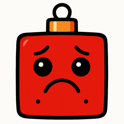 a sad square red Christmas decoration..
In-Game asset.  2d.  High contrast.  No shadows