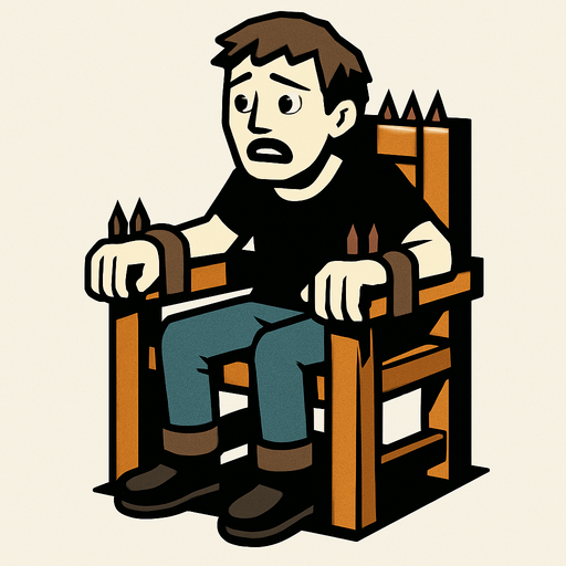 a person in site position chair and scared and his hands on the to woods of the chair (torturing chair) tied similar to saw room scene
In-Game asset.  High contrast.  No shadows. 3D