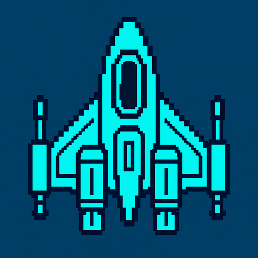 Cyan renginde 2D retro tarzı bir uzay gemisi.
In-Game asset.  2d.  High contrast.  No shadows