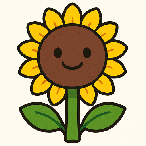 Un girasol con una cabeza redonda y marrón con pétalos amarillos brillantes que lo rodean como una corona. Su tallo es verde y tiene dos hojas grandes y anchas que sobresalen a los lados. En su cara, tiene dos ojos pequeños y negros, y una boca curvada en una sonrisa amigable..
In-Game asset.  High contrast.  No shadows