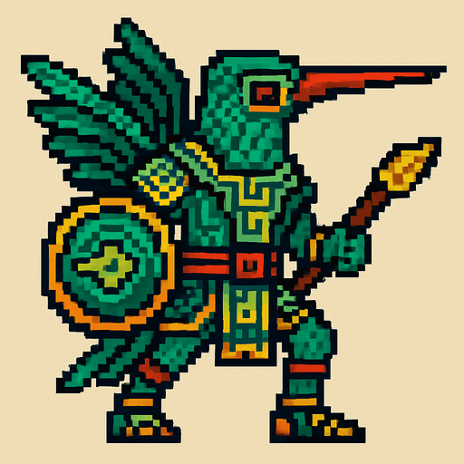 Generame un guerrero voaldor Colibrí esmeralda del Chiribiquete estilo azteca con patrones, estilo pixelar.
In-Game asset.  2d.  High contrast.  No shadows