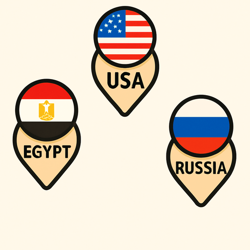 A flat, 2D game UI-style asset showing a vertical set of three country pins labeled: "USA", "Egypt", and "Russia". Each pin includes a circular flag icon above the text label. The layout is columnar, cartoonish, and visually clean. Each pin should be exportable or usable individually for a mobile game's level selection screen..
In-Game asset.  2d.  High contrast.  No shadows