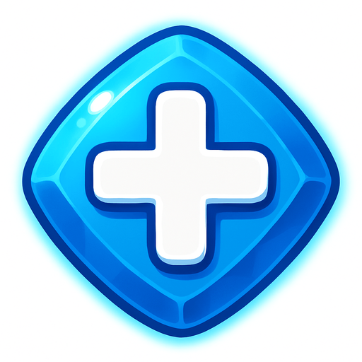 A 2D top-down icon for a match-3 special gem with a bright colored jewel (blue or red) and a bold white plus (+) sign on top.
The plus sign should be centered, thick, and clearly visible.
The gem should have a shiny, cartoon-style look with soft gradients and a glowing outline.
No background, transparent, game-ready.