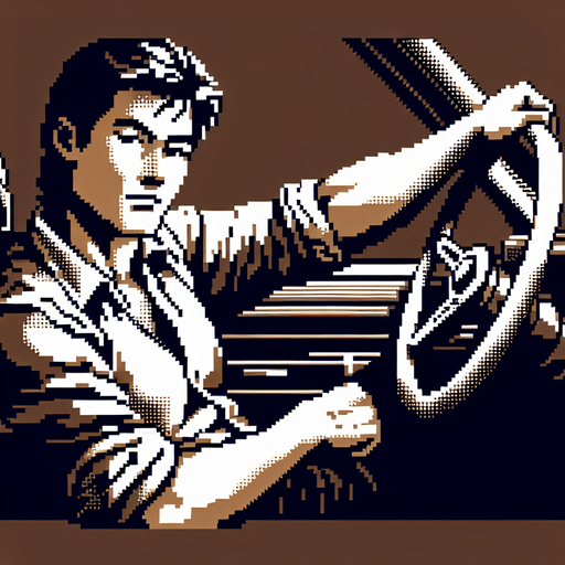 cool looking driver leaned back and holding a car wheel as if he's driving. 30 years old. vintage retro 1980 style. 3/4 view. pixelated. 8 bit. Single Game Texture. In-Game asset. 2d. Blank background. High contrast. No shadows.