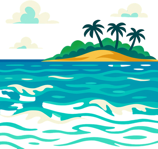 The tropical ocean with the shore of an island in the far background easily looping itself.
In-Game asset.  2d.  High contrast.  No shadows