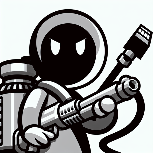 character with vaccum gun aiming front
  In-Game asset..
Single Game Texture.  In-Game asset.  2d.  Blank background.  High contrast.  No shadows