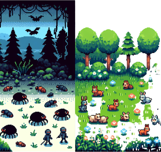 grma dengra de uhna mitad con bichos malignos atacando a personas y en la otra mitad grama verde llamativa con animales de bosque adorables
pixel art.
Single Game Texture.  In-Game asset.  2d.  Blank background.  High contrast.  No shadows