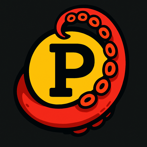 una p dentro de una esfera con un brazo de un pulpo rojo rodeandola.
In-Game asset.  2d.  High contrast.  No shadows