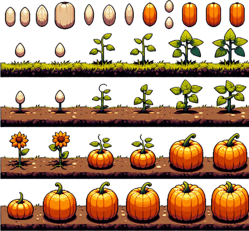 A spritesheet showing a pumpkin plant in various stages of germantion, from seed over sapling and to full grown plant with ripe pumpkin. The sprites should be laid out in a rectangular grid with blank space between them..
Single Game Texture. In-Game asset. 2d. Blank background. High contrast. No shadows.