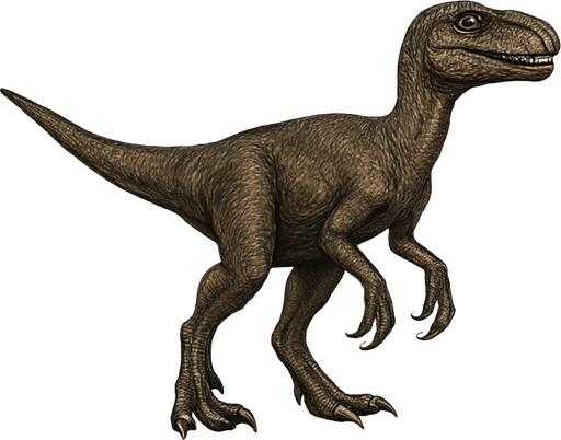 A realistic dinosaur dinosaur depicted in a neutral standing pose on a transparent background. It has a slender, agile body covered with textured brown and dark gray scales. The head is narrow with sharp teeth visible in a slightly open mouth and bright, alert eyes. Its limbs are muscular with sharp claws, and the tail is long and straight, providing balance. The skin texture shows fine scales and subtle muscle definition, emphasizing its role as an early, fast predator..
In-Game asset.  2d.  High contrast.  No shadows