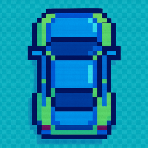Draw 2d pixel car top view blue+light green..
In-Game asset.  2d.  High contrast.  No shadows
