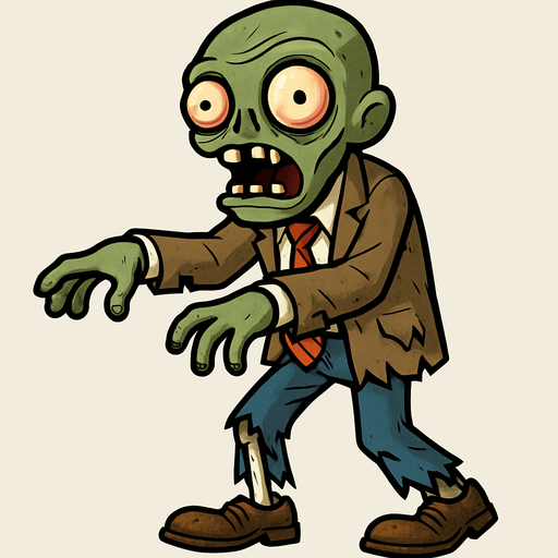 Zombie de piel verdosa y pálida, con una cabeza ovalada y dos grandes ojos saltones con pupilas pequeñas y rojizas. Su boca está abierta, mostrando dientes irregulares. Viste un traje de negocios marrón claro, una camisa blanca y una corbata roja a rayas, todo rasgado y sucio. Sus pantalones azules están hechos jirones, dejando ver una pierna esquelética, y calza zapatos marrones desgastados. Sus brazos están extendidos ligeramente hacia adelante.
In-Game asset.  2d.  High contrast.  No shadows