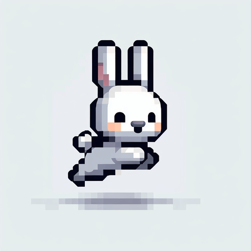 Cute cartoon rabbit, jumping upwards facing camera.
Single Game Texture. In-Game asset. 2d. Blank background. High contrast. No shadows.
