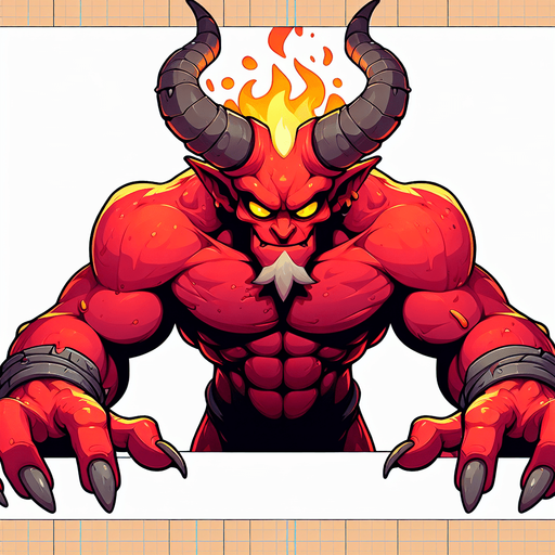 cartoon demon looking down with hands gripping..
Single Game Texture. In-Game asset. 2d. Blank background. High contrast. No shadows.