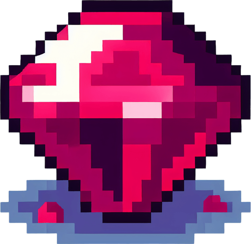 A ruby. Pixel art..
Single Game Texture.  In-Game asset.  2d.  Blank background.  High contrast.  No shadows