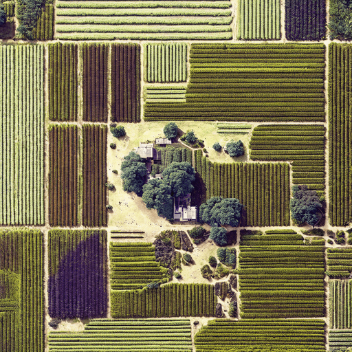 The same image, but in a lush green setting, where grass is growing in all the fields.