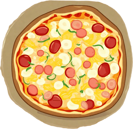pizza, top view. No background. Transparent background. Blank background. No shadows. 2d. In-Game asset. flat