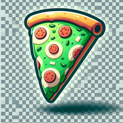 a slice of pizza on a transparent background, predominantly green. Slice of pizza.
Single Game Texture. In-Game asset. 2d. Blank background. High contrast. No shadows.