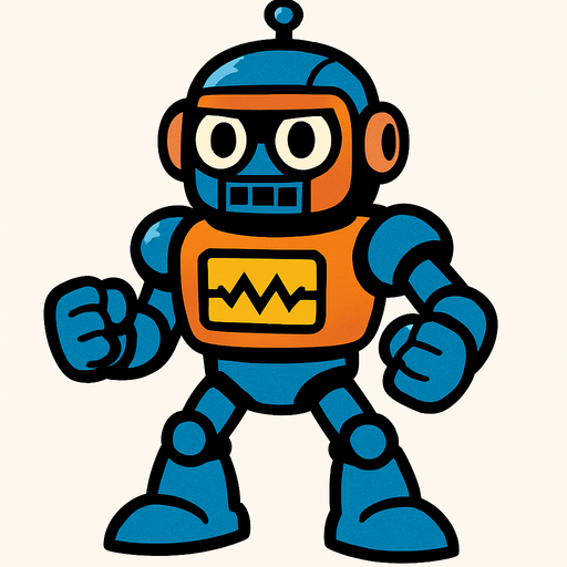 The entire body of the robot should be visible, and its hands should be in a fist shape..
In-Game asset.  2d.  High contrast.  No shadows