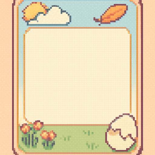 A decorative pixel art character card frame for a 2D retro-style game, themed around a cute bird world. The card is rectangular with rounded corners and has a pastel-colored background. Each corner includes soft, themed details:

A cloud and sun in the top-left,

A feather or flying bird in the top-right,

Grass or flowers in the bottom-left,

A cracked egg in the bottom-right.

The center area is left empty for a character sprite to be added later. The overall design is cozy, cute, colorful, and flat—fitting the aesthetic of a peaceful, playful bird-themed game world.

Style tags:
pixel art, retro, bird theme, character card, cozy, pastel colors, cloud, feather, egg, grass, flowers, soft design, minimal, 2D UI, flat, cute.
In-Game asset.  2d.  High contrast.  No shadows. pixel art. retro. bird theme. character card. cozy. pastel colors. cloud. feather. egg. grass. flowers. soft design. minimal. 2d ui. flat. cute