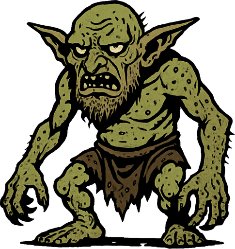 Büyük barbar vahşi pis bir goblin yeşil solgun derili.
In-Game asset.  2d.  High contrast.  No shadows