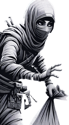 A thief with a mask and steal bag.
Single Game Texture. In-Game asset. 2d. Blank background. High contrast. No shadows.